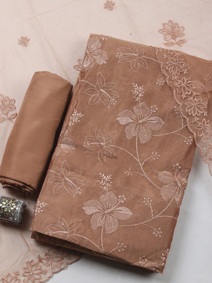 Brown Embroidery Chanderi Unstitched Dress Material