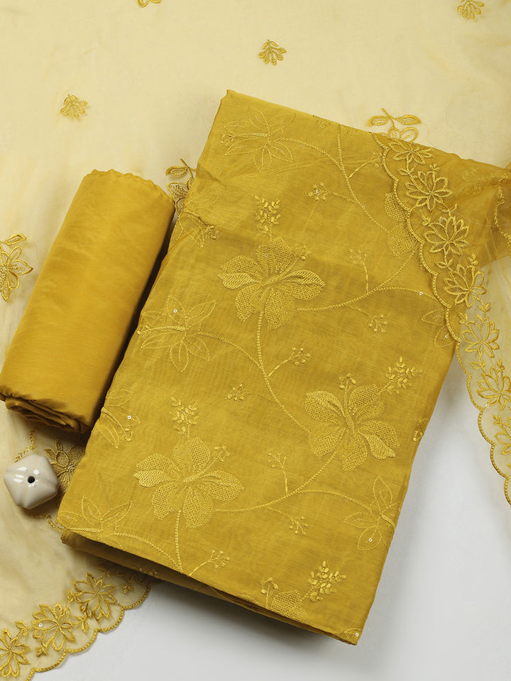 Mustard Embroidery Chanderi Unstitched Dress Material