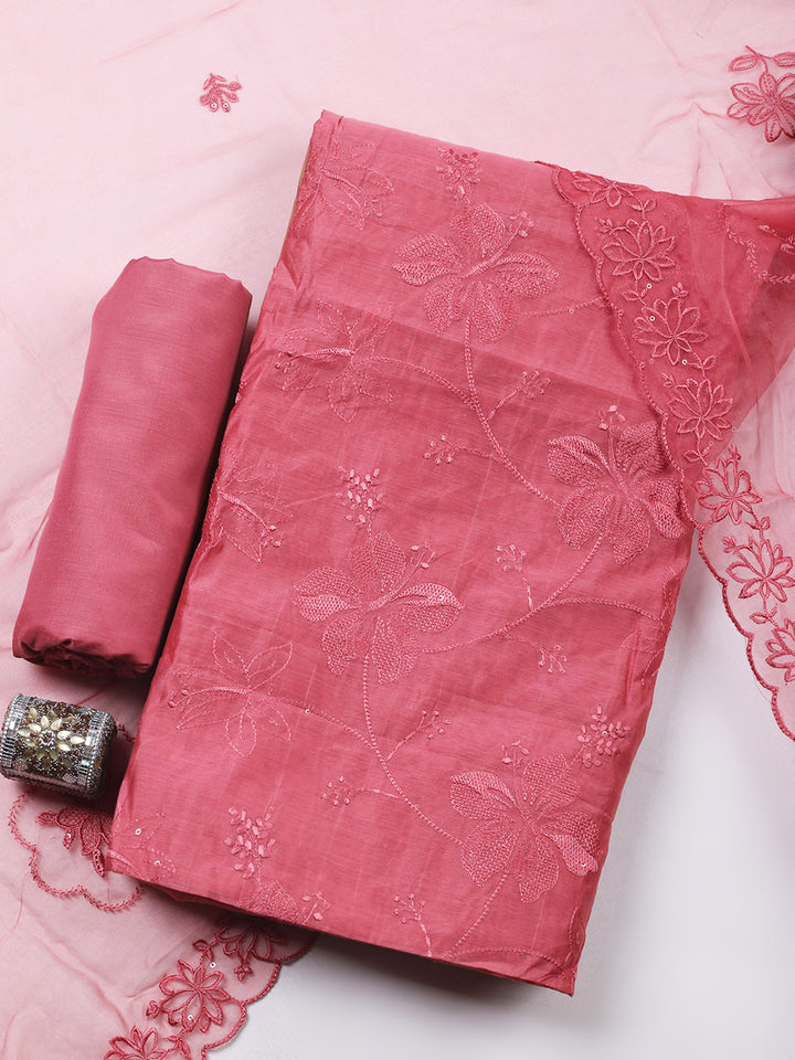 Pink Embroidery Chanderi Unstitched Dress Material