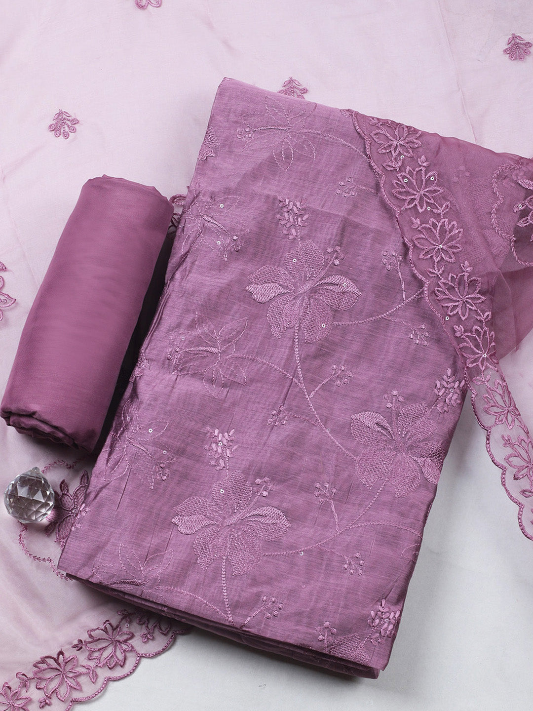 Purple Embroidery Chanderi Unstitched Dress Material