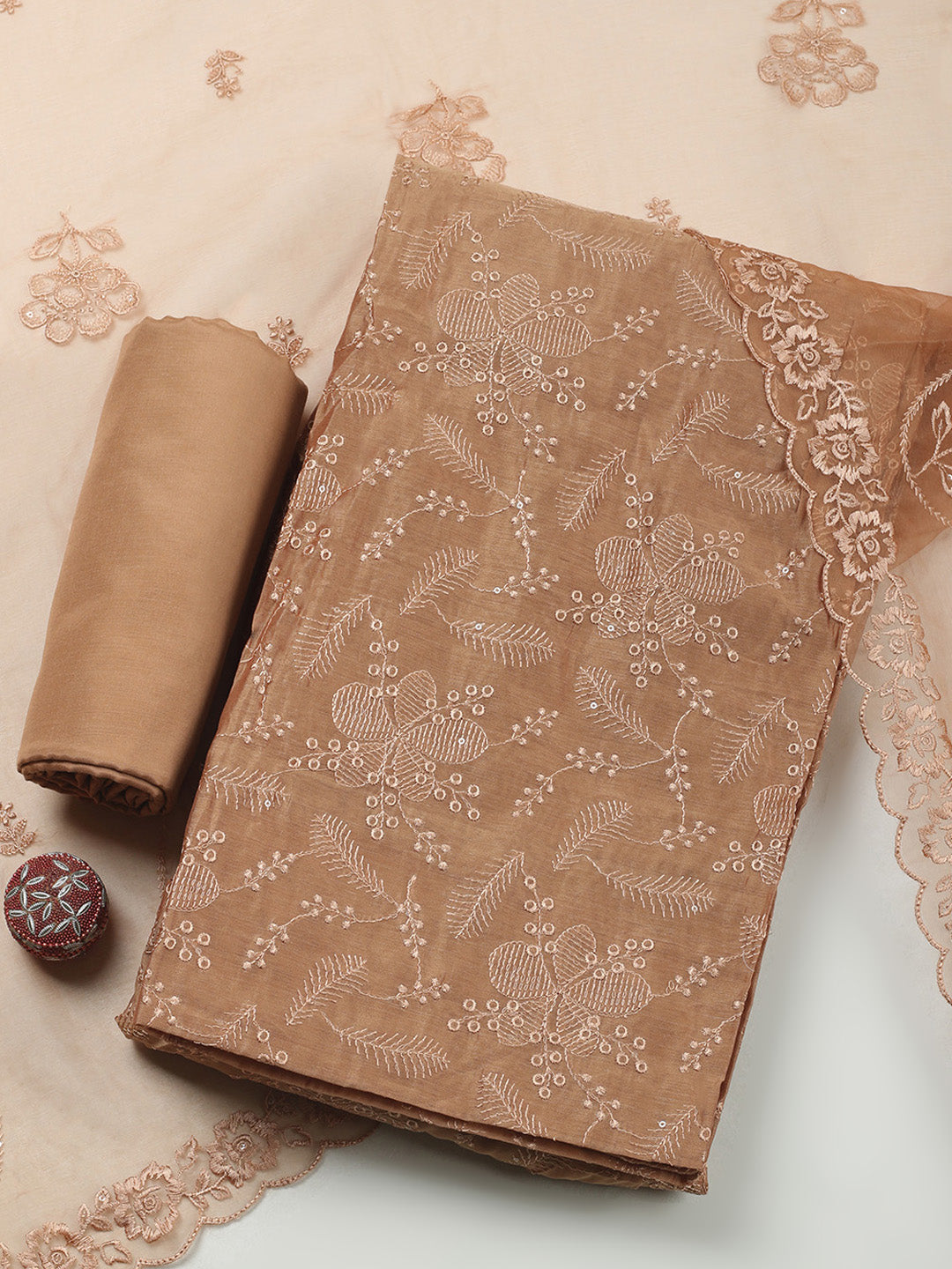 Brown Embroidery Chanderi Unstitched Dress Material