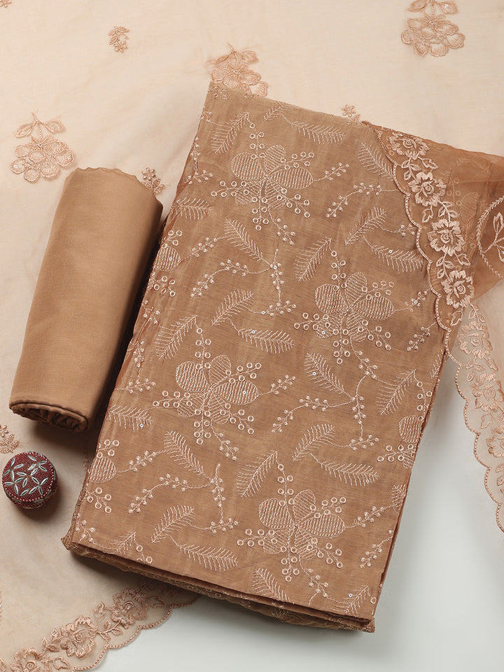 Brown Embroidery Chanderi Unstitched Dress Material