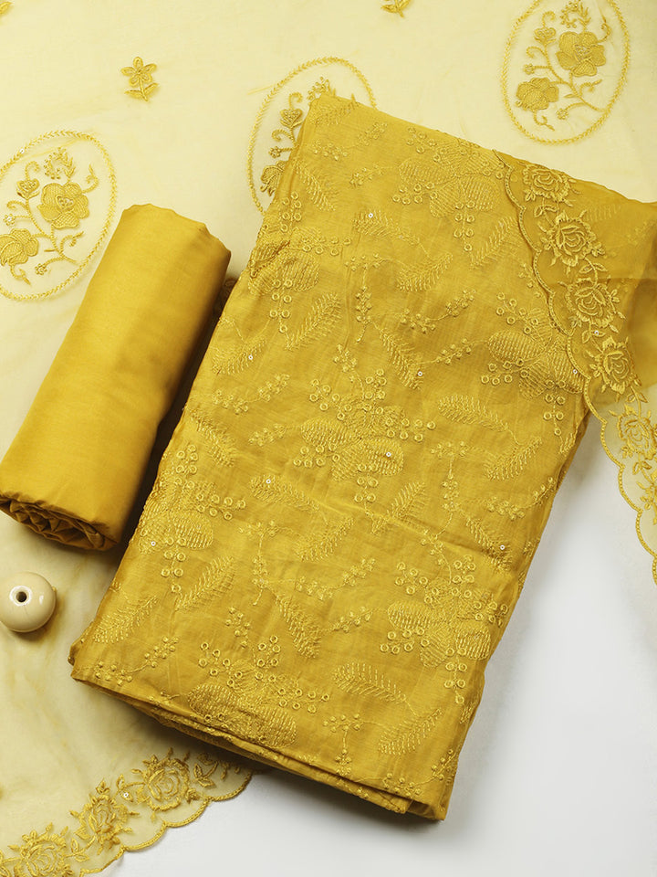 Mustard Embroidery Chanderi Unstitched Dress Material