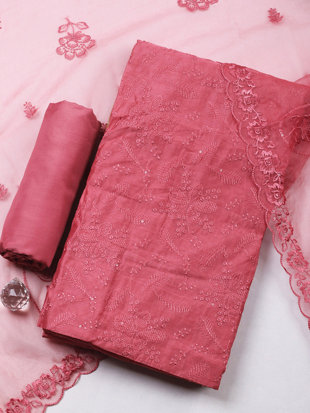 Pink Embroidery Chanderi Unstitched Dress Material