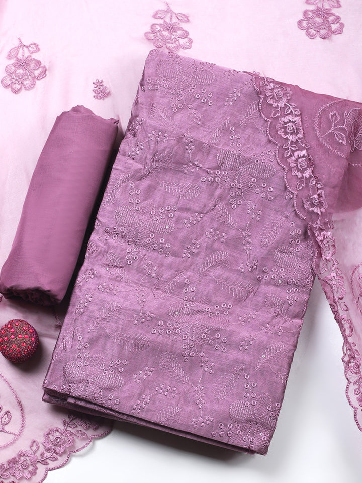 Purple Embroidery Chanderi Unstitched Dress Material