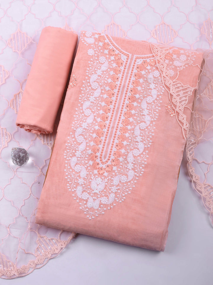 Peach Embroidered Cotton Blend Unstitched Suit &amp; Pant With Cotton Dupatta