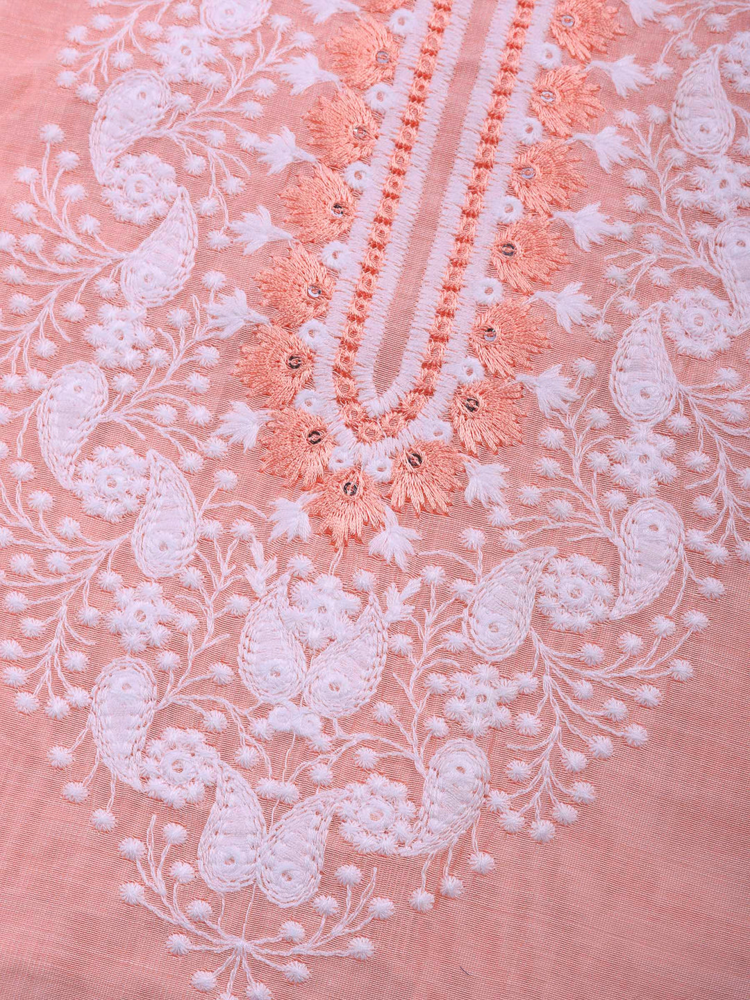 Peach Embroidered Cotton Blend Unstitched Suit &amp; Pant With Cotton Dupatta
