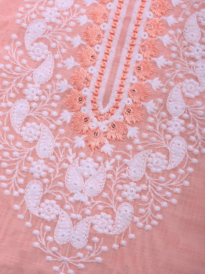 Peach Embroidered Cotton Blend Unstitched Suit &amp; Pant With Cotton Dupatta