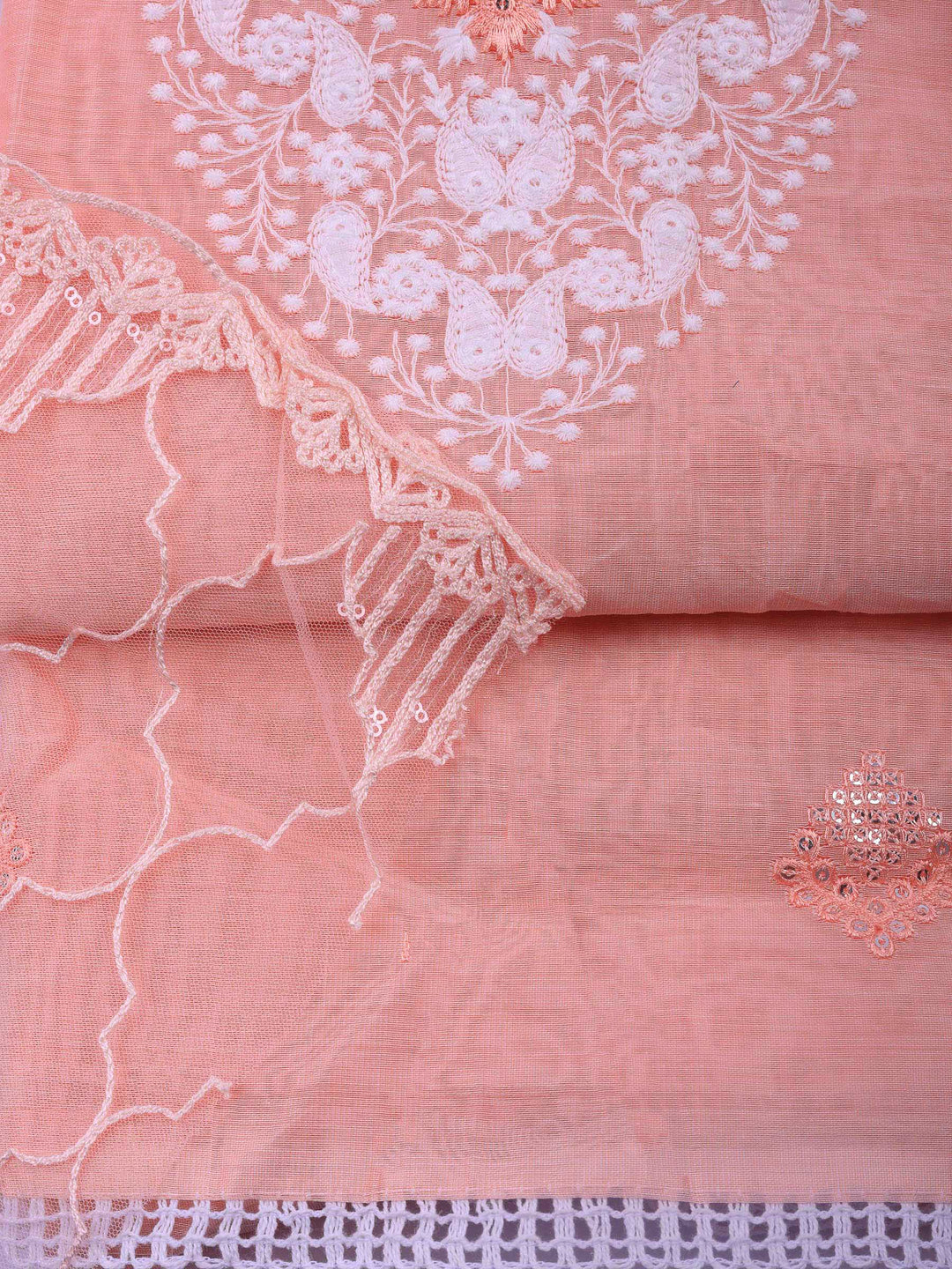 Peach Embroidered Cotton Blend Unstitched Suit &amp; Pant With Cotton Dupatta