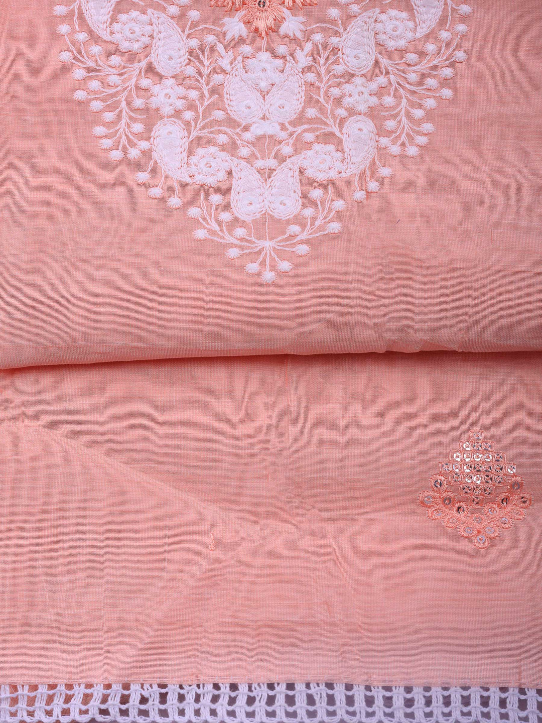 Peach Embroidered Cotton Blend Unstitched Suit &amp; Pant With Cotton Dupatta