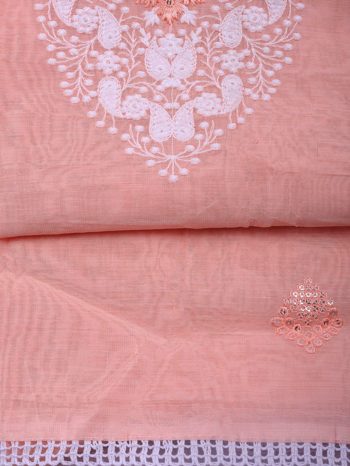 Peach Embroidered Cotton Blend Unstitched Suit &amp; Pant With Cotton Dupatta