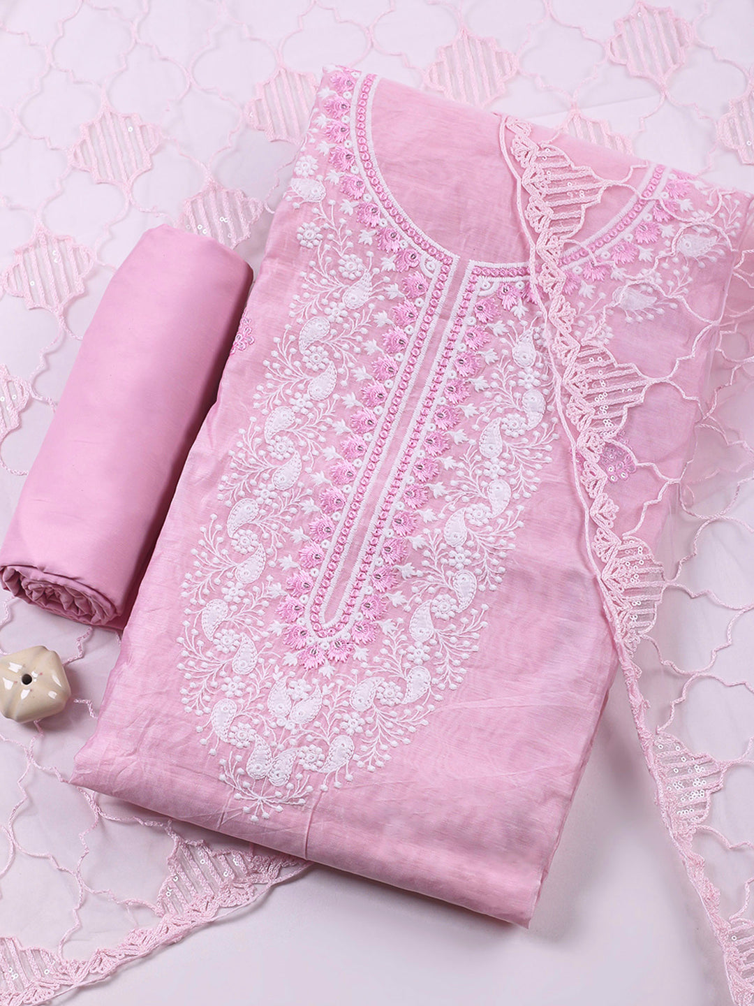 Pink Embroidered Cotton Blend Unstitched Suit &amp; Pant With Cotton Dupatta