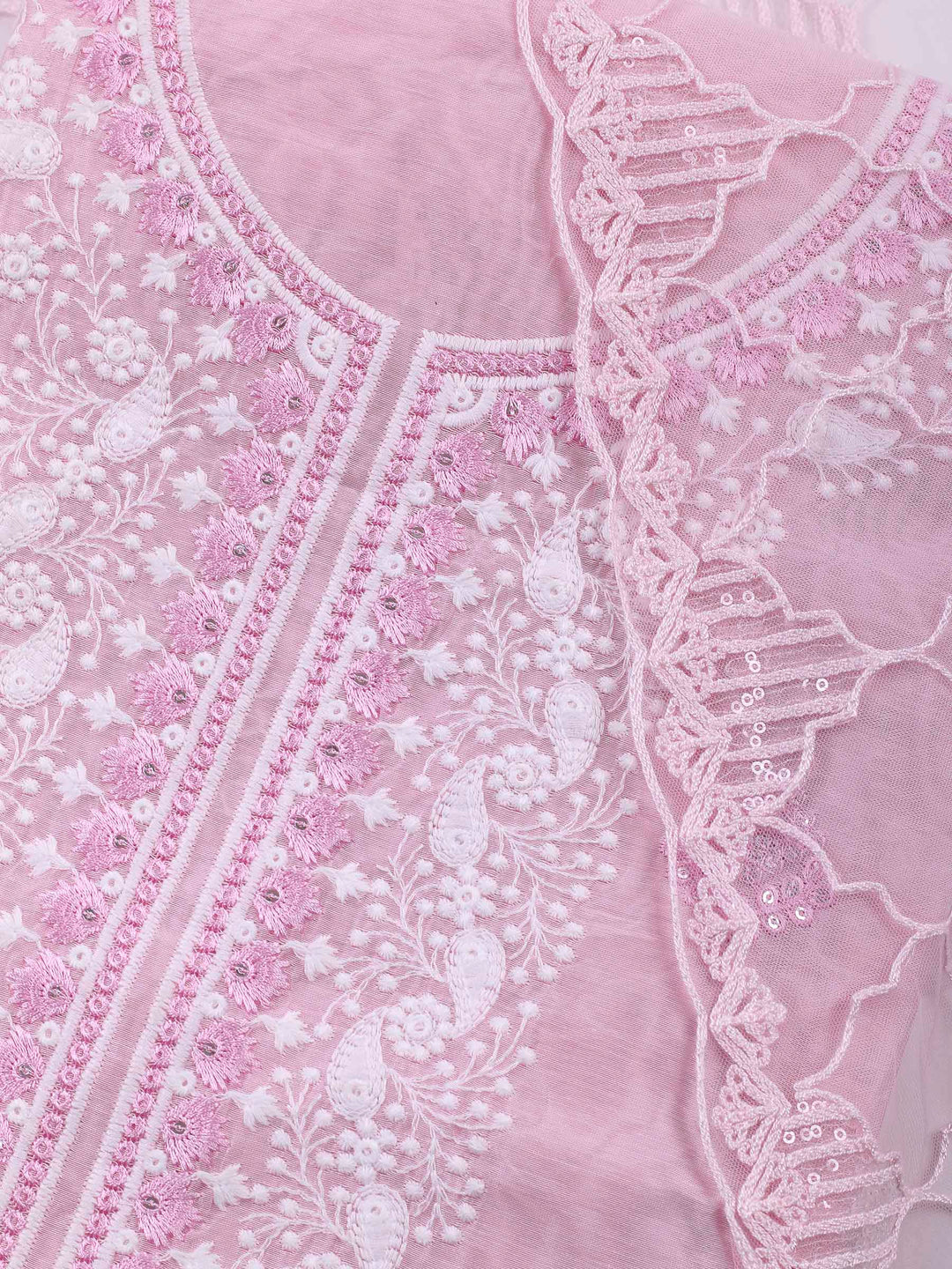 Pink Embroidered Cotton Blend Unstitched Suit &amp; Pant With Cotton Dupatta