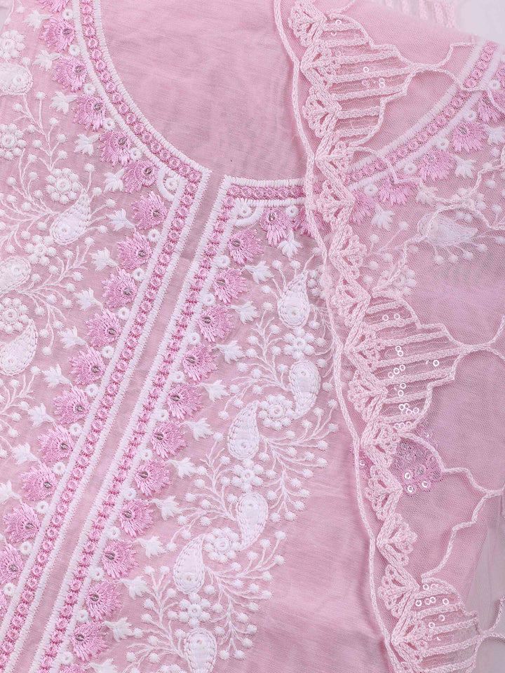 Pink Embroidered Cotton Blend Unstitched Suit &amp; Pant With Cotton Dupatta