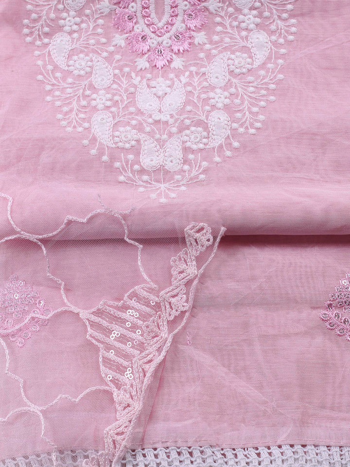 Pink Embroidered Cotton Blend Unstitched Suit &amp; Pant With Cotton Dupatta
