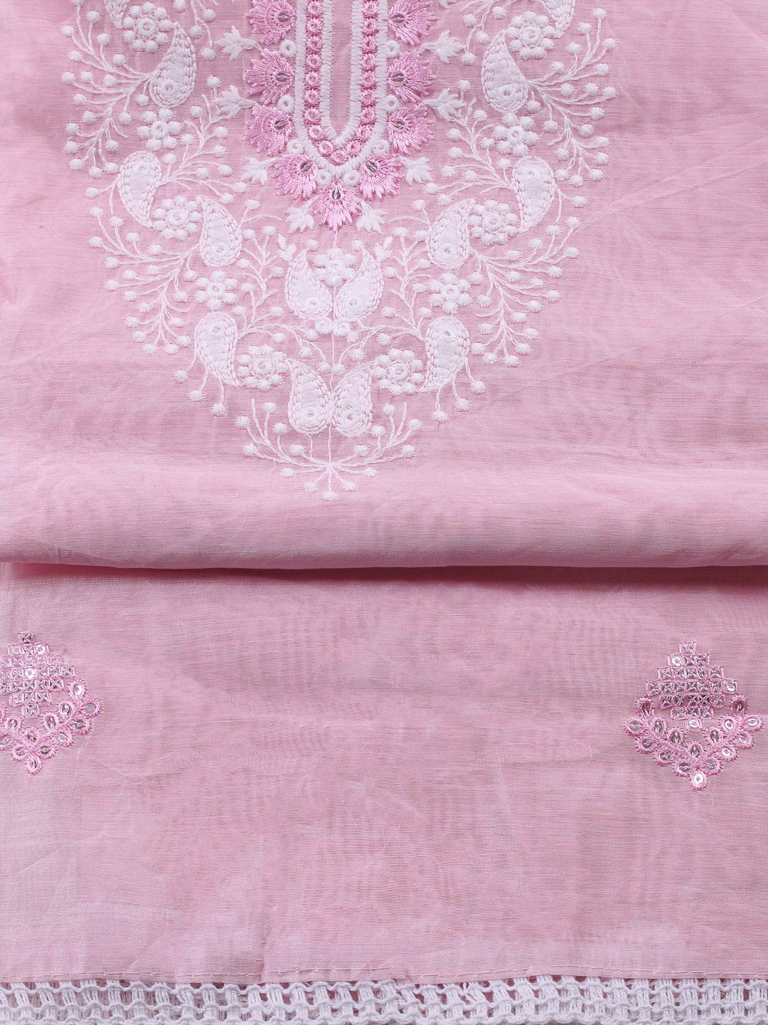 Pink Embroidered Cotton Blend Unstitched Suit &amp; Pant With Cotton Dupatta
