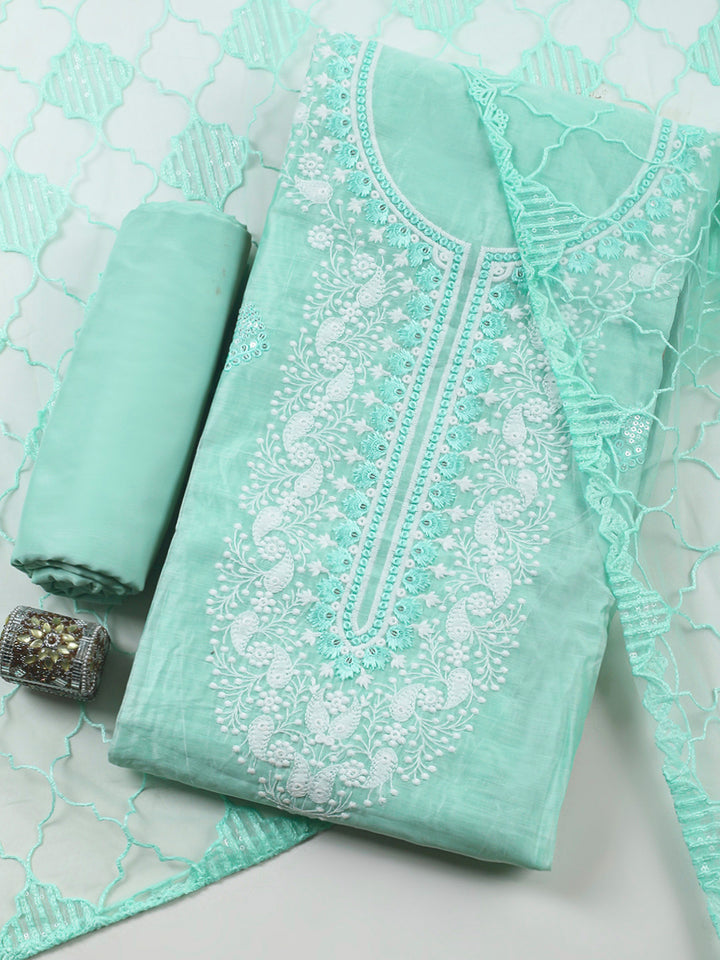 Sea Green Embroidered Cotton Blend Unstitched Suit &amp; Pant With Cotton Dupatta