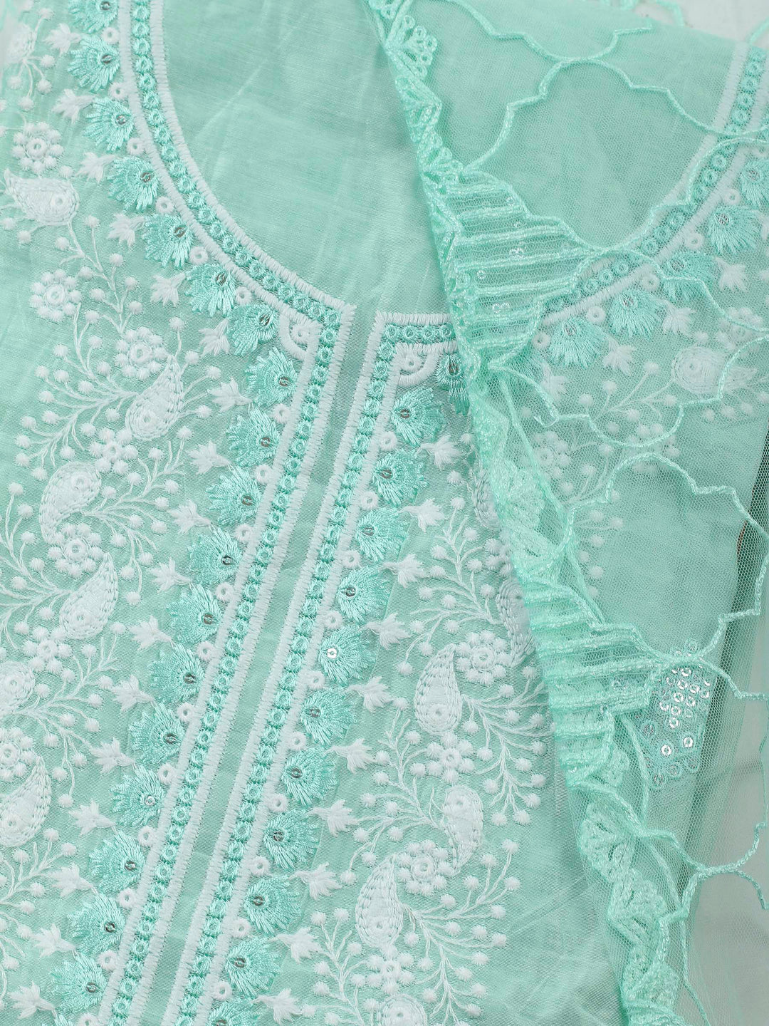 Sea Green Embroidered Cotton Blend Unstitched Suit &amp; Pant With Cotton Dupatta