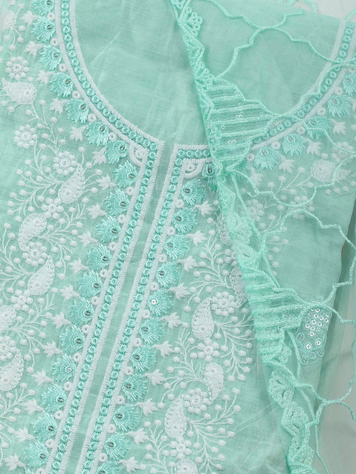 Sea Green Embroidered Cotton Blend Unstitched Suit &amp; Pant With Cotton Dupatta