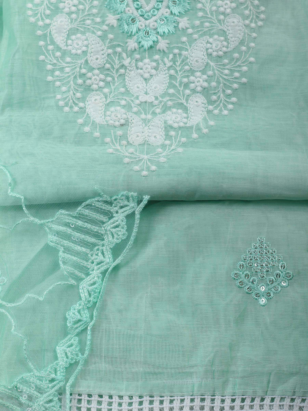 Sea Green Embroidered Cotton Blend Unstitched Suit &amp; Pant With Cotton Dupatta