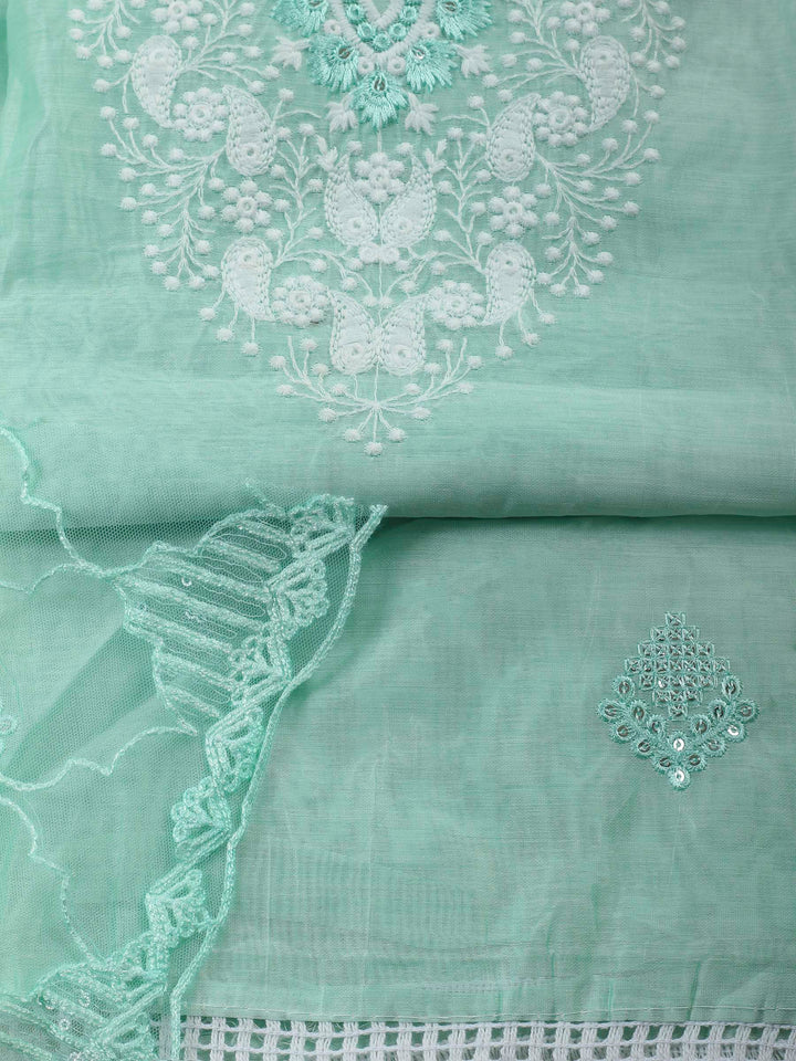 Sea Green Embroidered Cotton Blend Unstitched Suit &amp; Pant With Cotton Dupatta