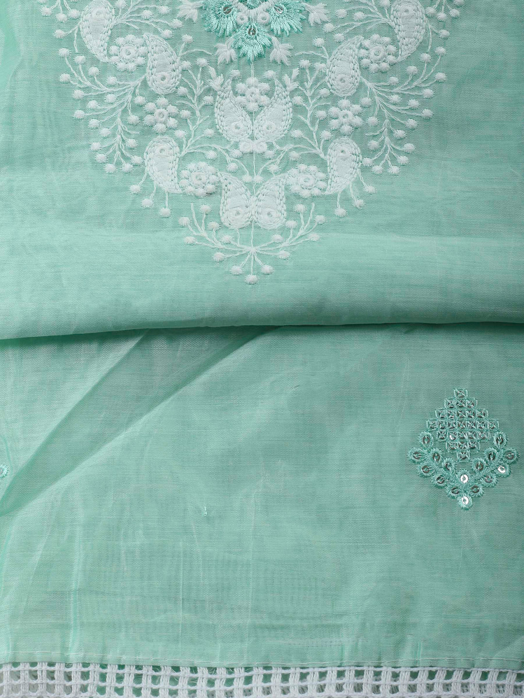 Sea Green Embroidered Cotton Blend Unstitched Suit &amp; Pant With Cotton Dupatta
