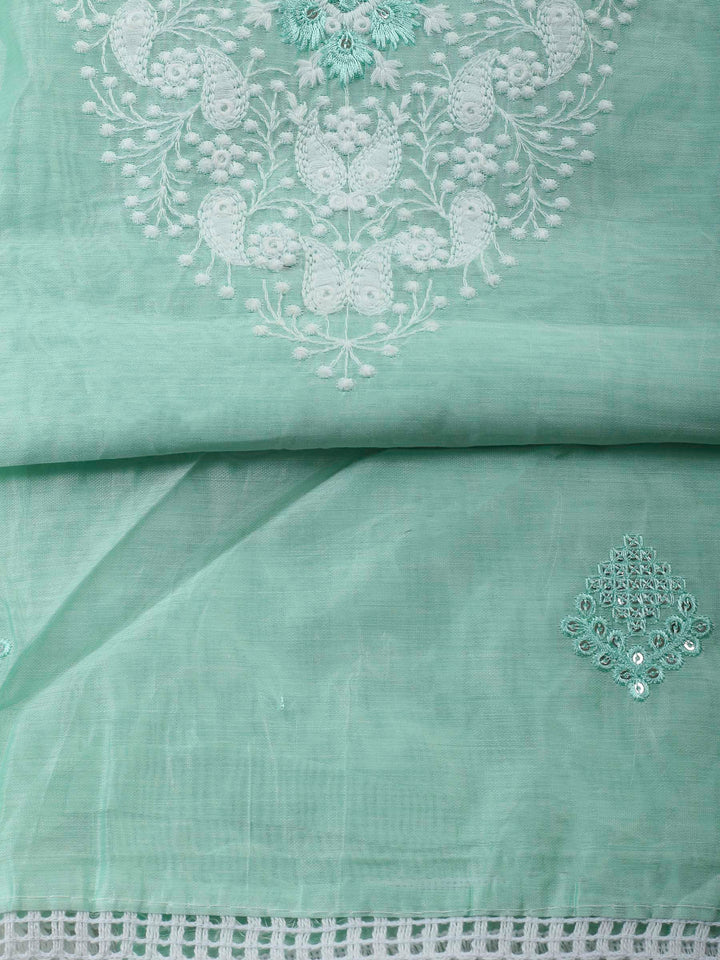 Sea Green Embroidered Cotton Blend Unstitched Suit &amp; Pant With Cotton Dupatta