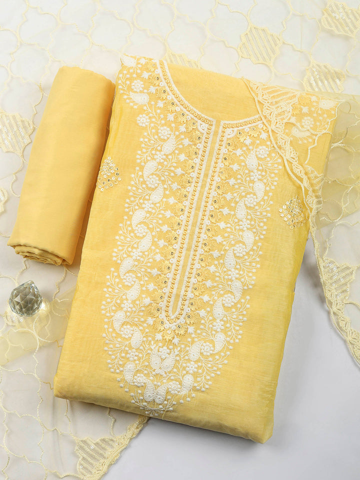 Yellow Embroidered Cotton Blend Unstitched Suit &amp; Pant With Cotton Dupatta