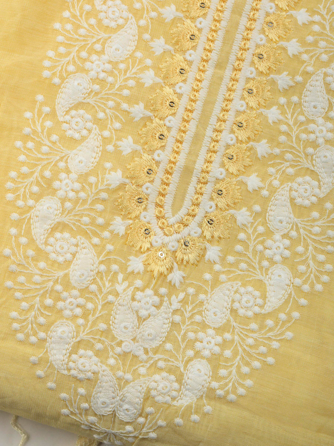Yellow Embroidered Cotton Blend Unstitched Suit &amp; Pant With Cotton Dupatta