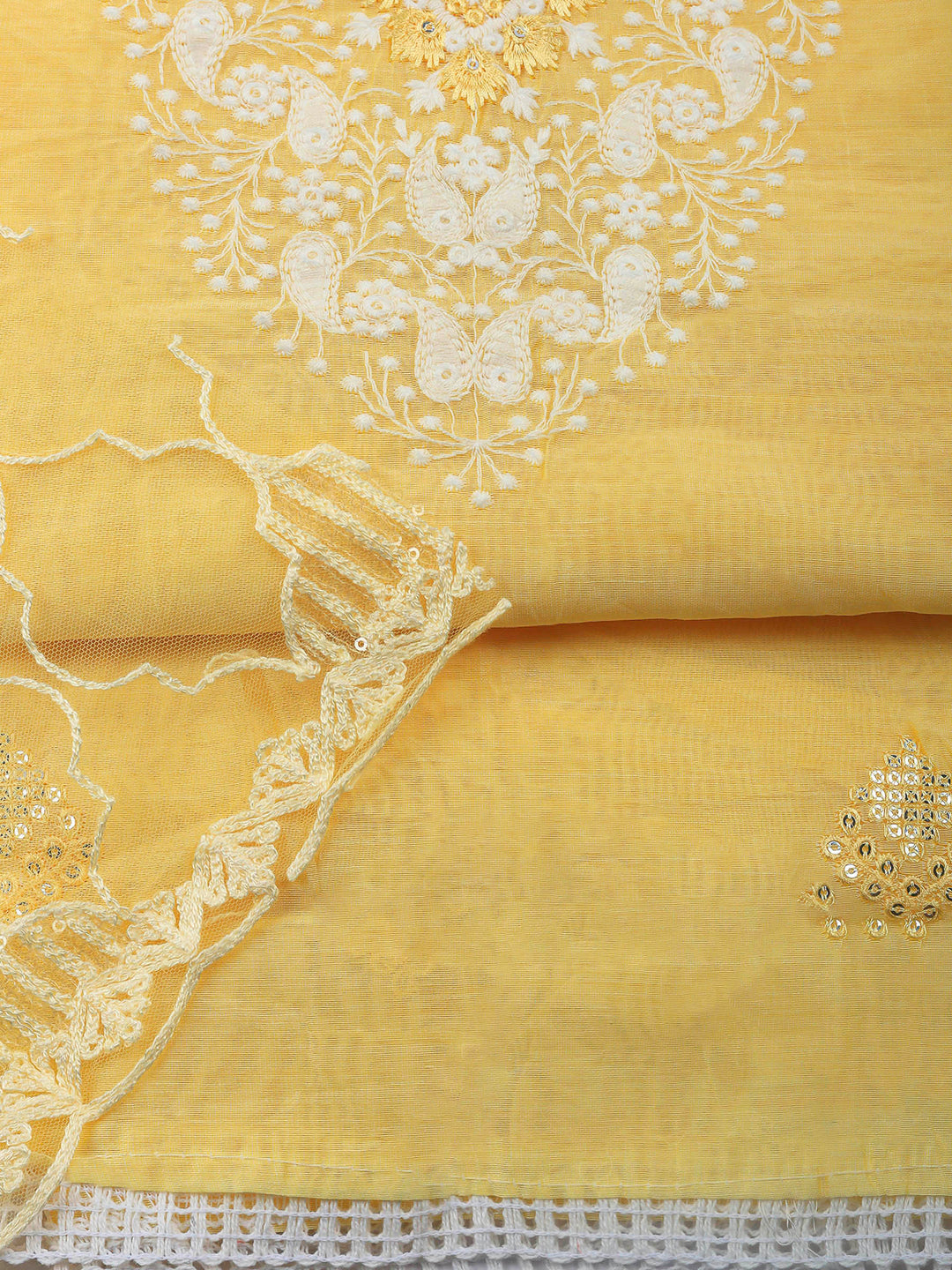 Yellow Embroidered Cotton Blend Unstitched Suit &amp; Pant With Cotton Dupatta