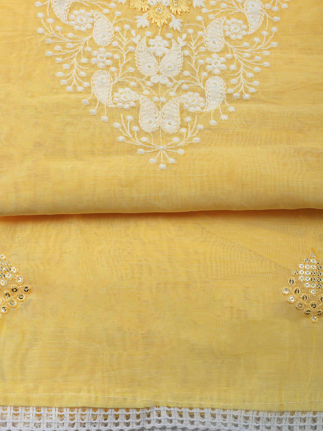 Yellow Embroidered Cotton Blend Unstitched Suit &amp; Pant With Cotton Dupatta