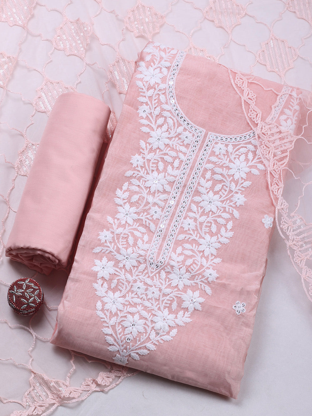 Peach Embroidery Chanderi Unstitched Dress Material