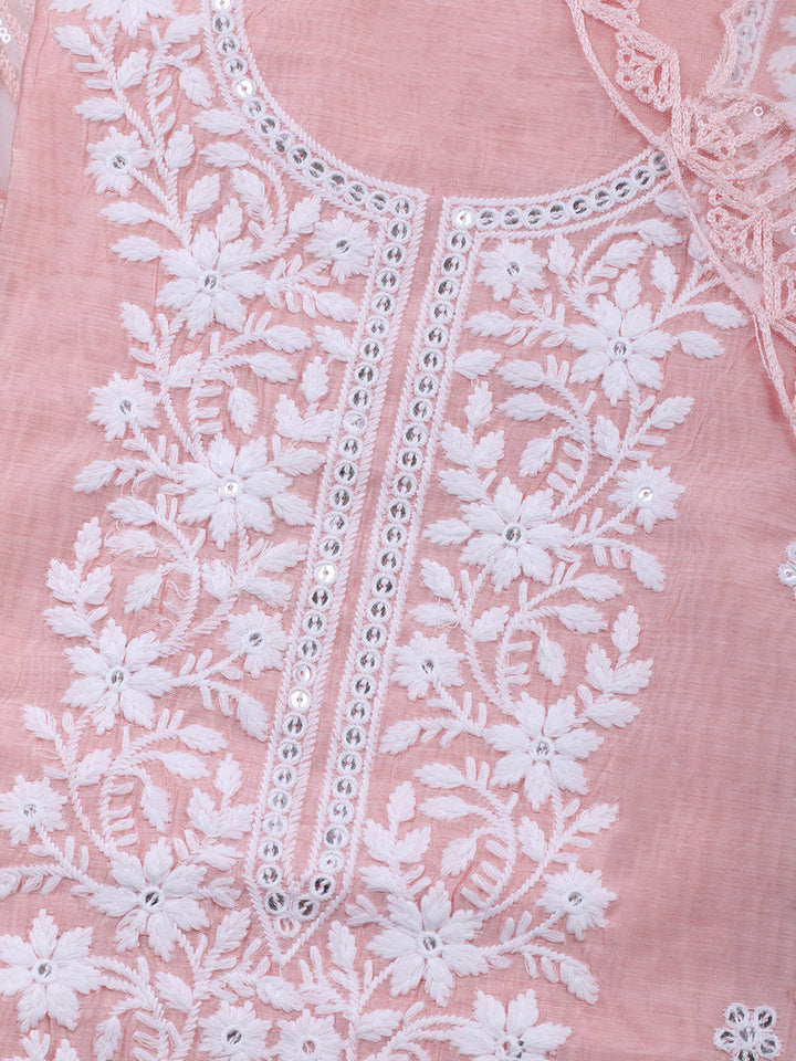 Peach Embroidery Chanderi Unstitched Dress Material