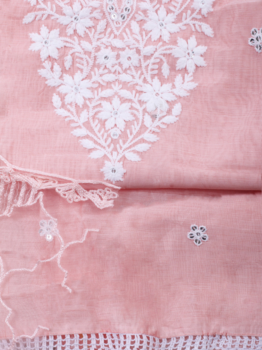 Peach Embroidery Chanderi Unstitched Dress Material