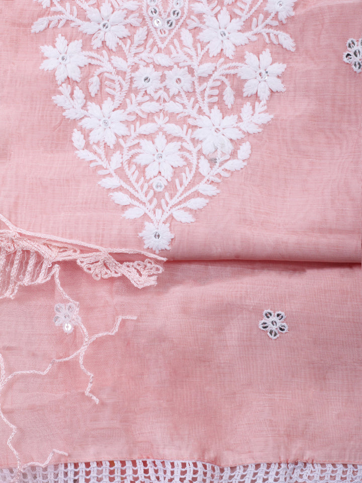 Peach Embroidery Chanderi Unstitched Dress Material