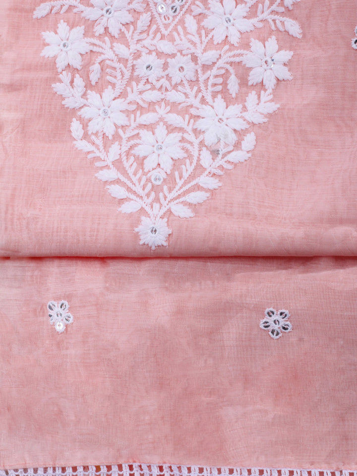Peach Embroidery Chanderi Unstitched Dress Material