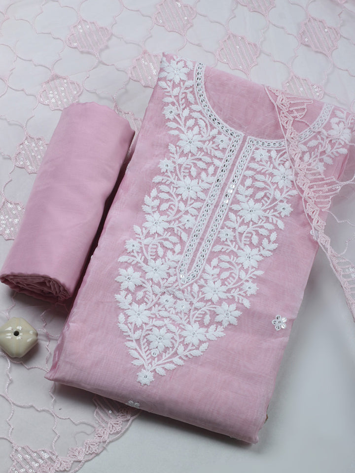 Pink Embroidery Chanderi Unstitched Dress Material