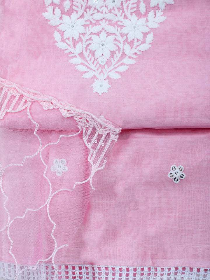 Pink Embroidery Chanderi Unstitched Dress Material