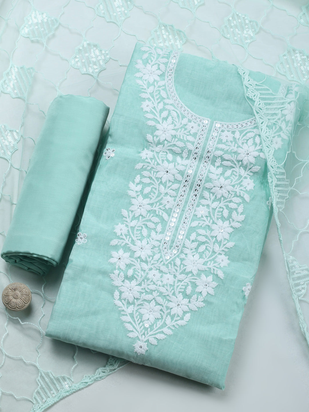 Sea Green Embroidery Chanderi Unstitched Dress Material