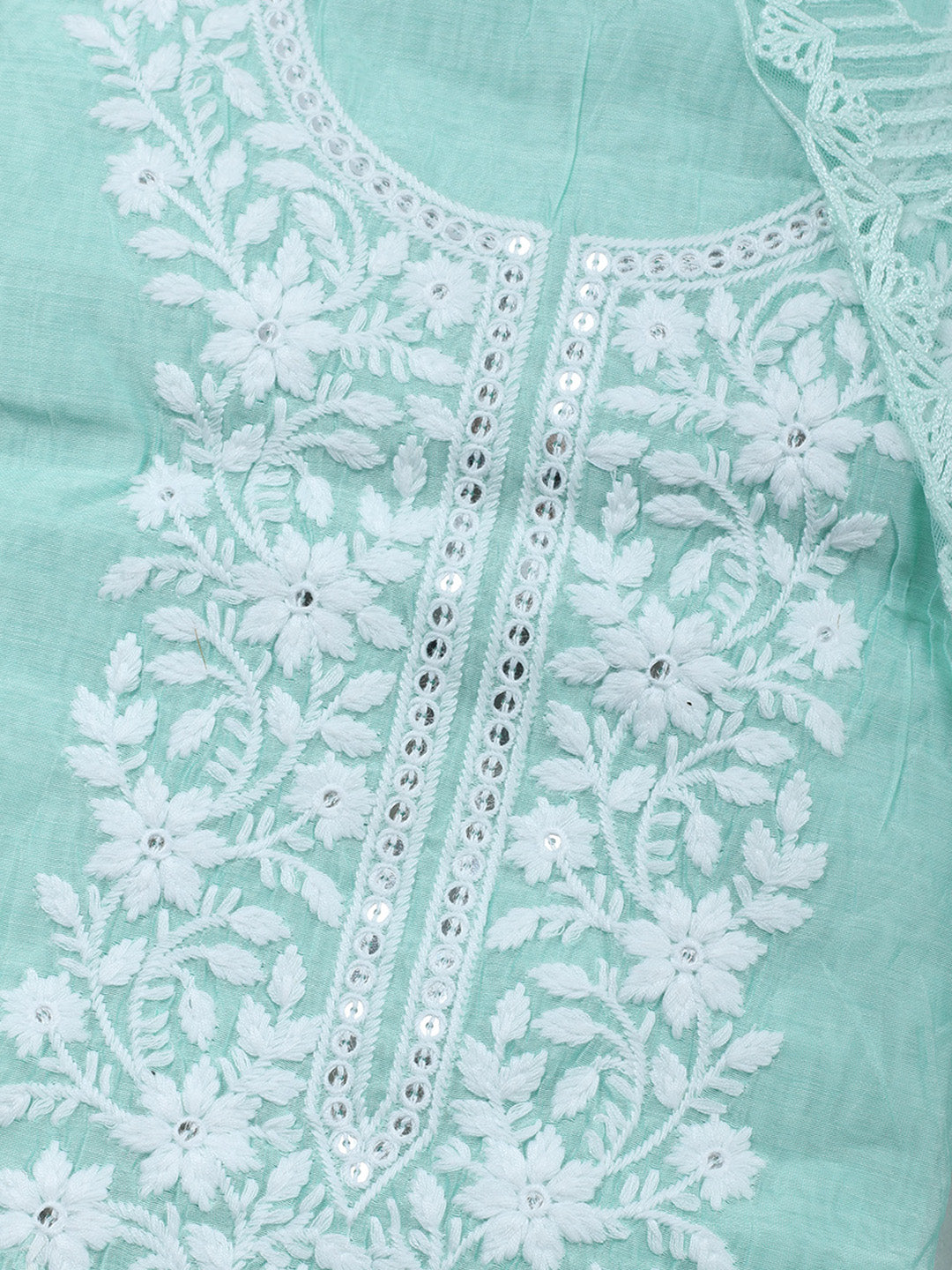 Sea Green Embroidery Chanderi Unstitched Dress Material