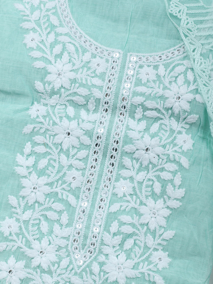 Sea Green Embroidery Chanderi Unstitched Dress Material
