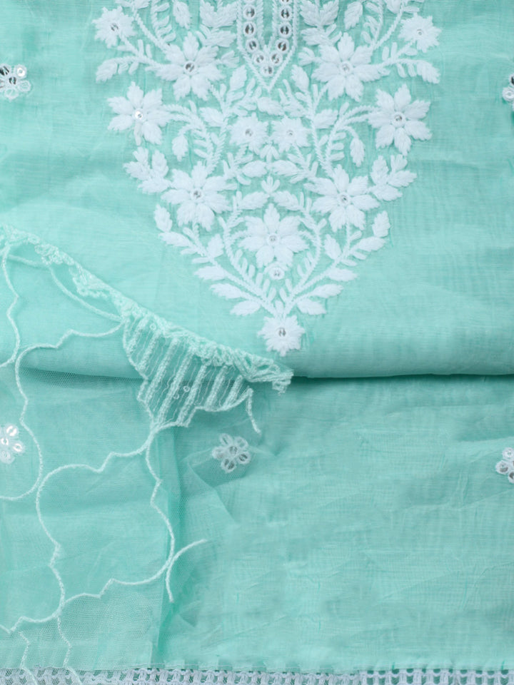 Sea Green Embroidery Chanderi Unstitched Dress Material