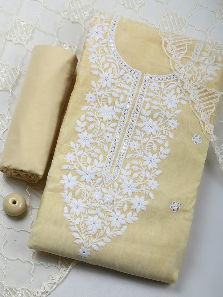 Yellow Embroidery Chanderi Unstitched Dress Material