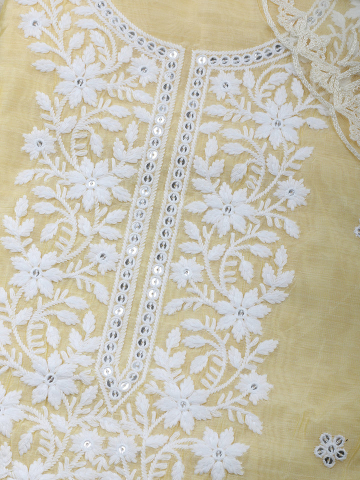 Yellow Embroidery Chanderi Unstitched Dress Material