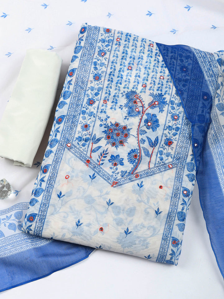 Cream Blue Printed Chanderi Unstitched Suit &amp; Pant With Chanderi Dupatta