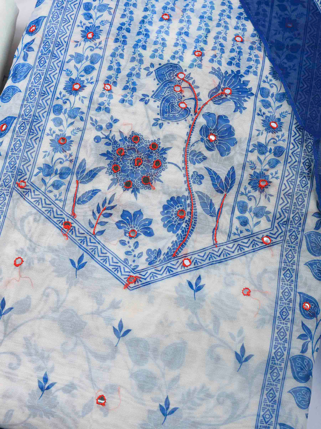 Cream Blue Printed Chanderi Unstitched Suit &amp; Pant With Chanderi Dupatta