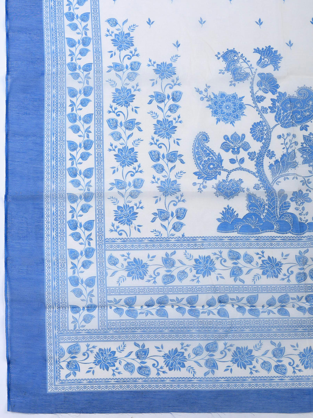 Cream Blue Printed Chanderi Unstitched Suit &amp; Pant With Chanderi Dupatta