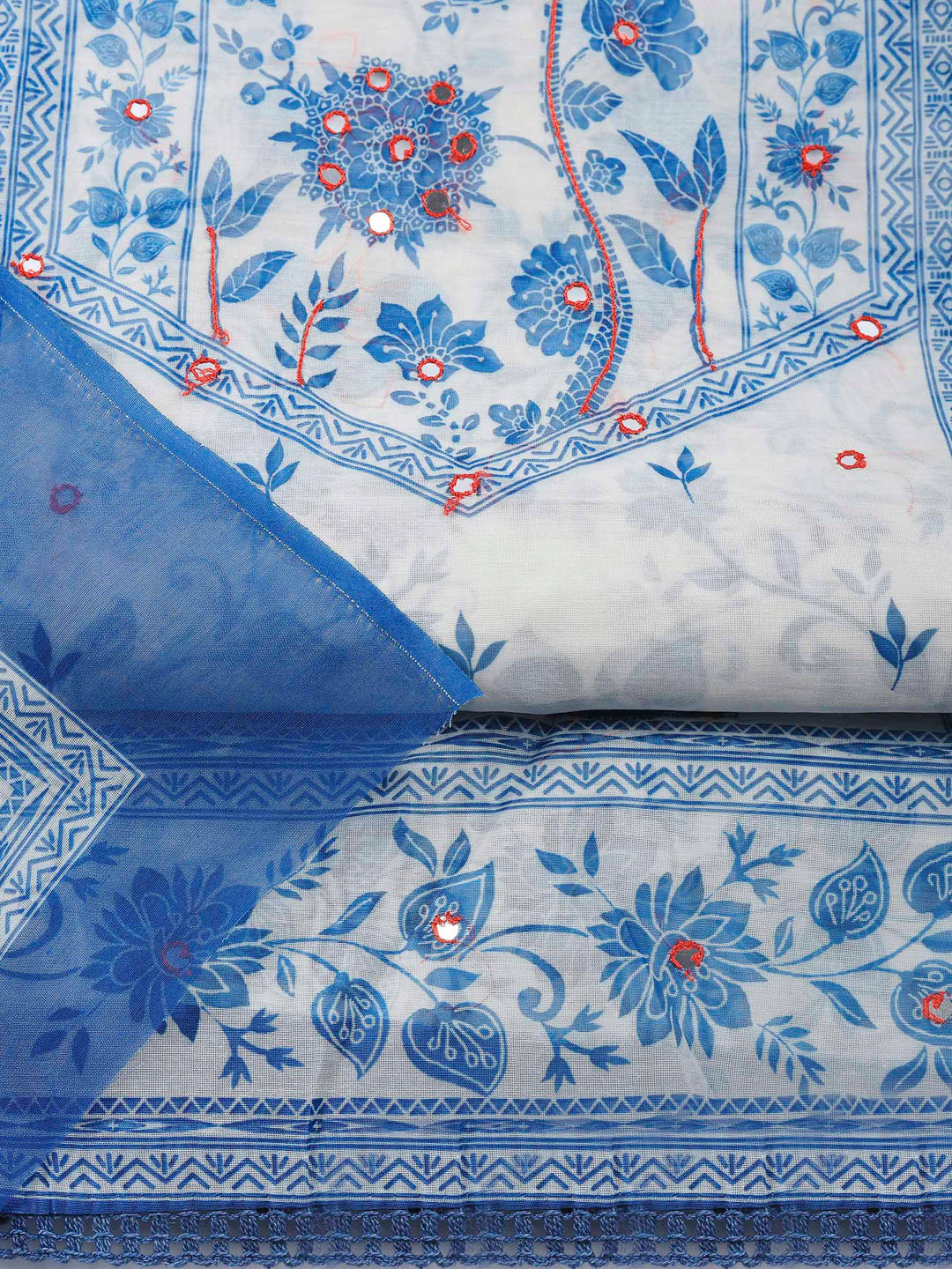 Cream Blue Printed Chanderi Unstitched Suit &amp; Pant With Chanderi Dupatta