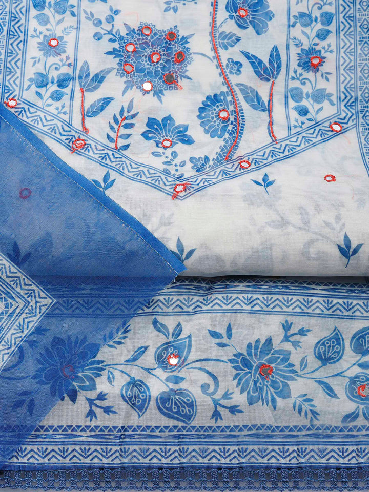 Cream Blue Printed Chanderi Unstitched Suit &amp; Pant With Chanderi Dupatta