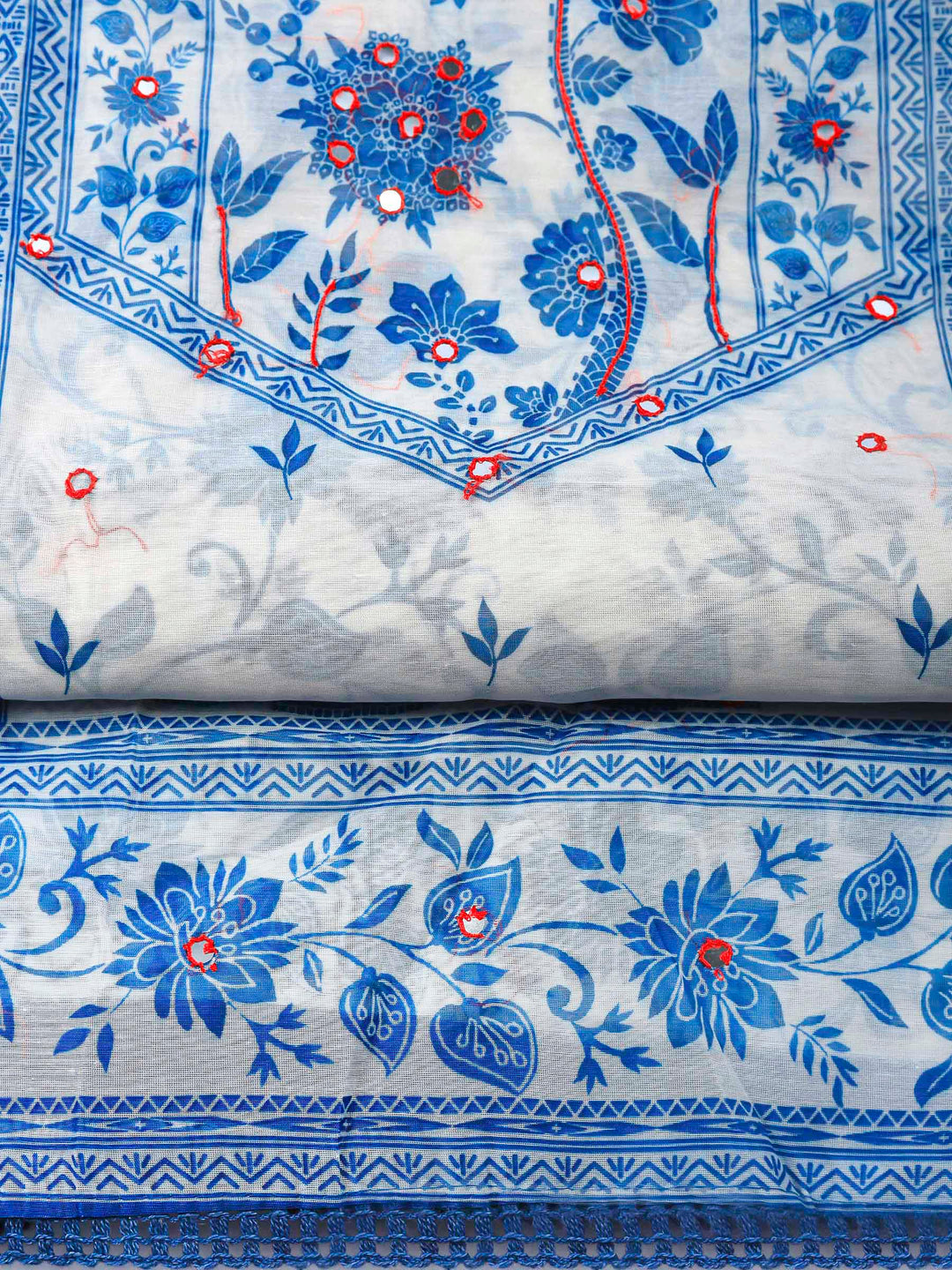Cream Blue Printed Chanderi Unstitched Suit &amp; Pant With Chanderi Dupatta